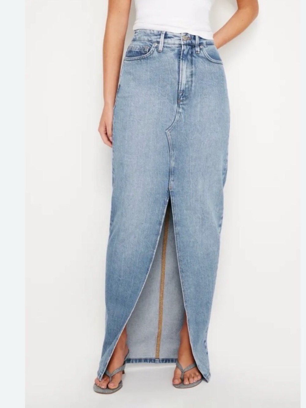 Good American Light Blue Denim Maxi Skirt with Center Front Slit - Picture 2 of 4